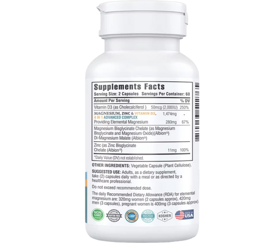 Magnesio, Zinc & D3 Complejo Avanzado 4 en 1 (120 Cápsulas)